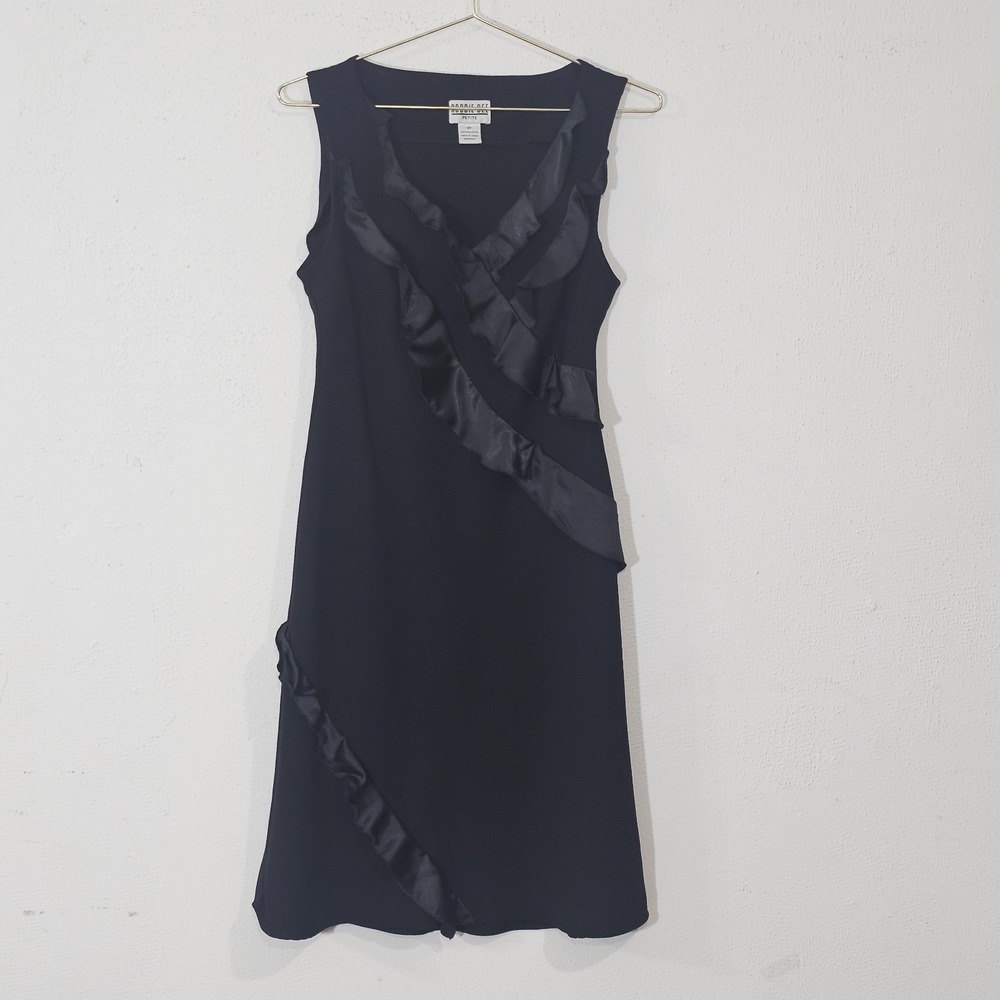 VTG Robbie Bee Black Dress Satin Ruffle Sleeveless Y2K Cocktail sz 8 Petite
